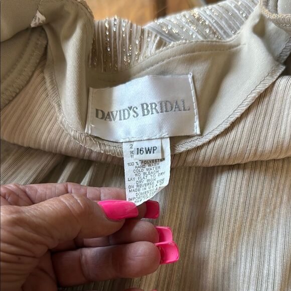 David's Bridal Cream Tan Gold Silver Maxi Dress & Long Sleeve Jacket Side Slit - Picture 11 of 13